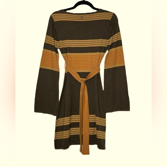 PrAna Sydney Sweater Dress with V-Neck & Tie Belt in Brown, Tan, & Orange, M - Picture 5 of 15